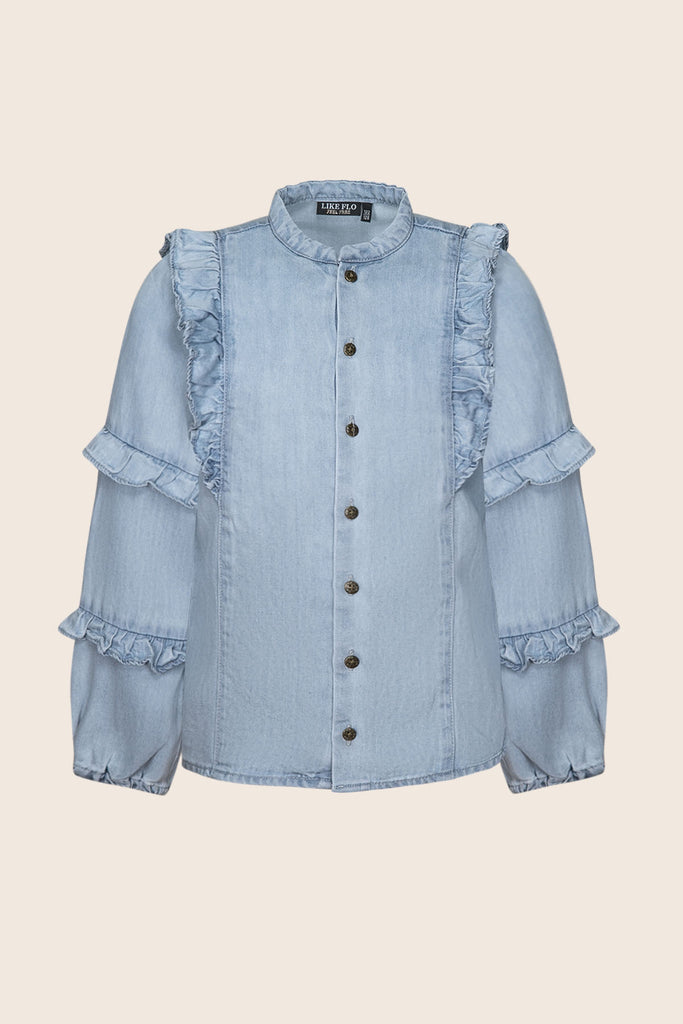 LikeFLO Girls Carlijn Flo Girls Chambray Blouse With Ruffles On Sleeves Lt Denim - LikeFlo