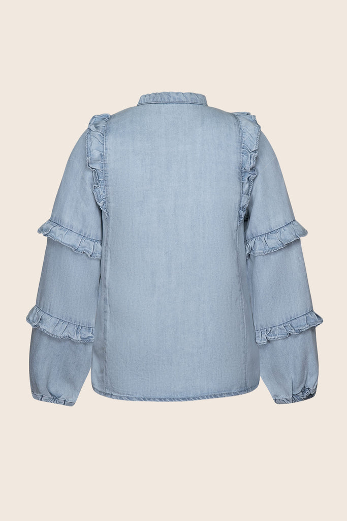 LikeFLO Girls Carlijn Flo Girls Chambray Blouse With Ruffles On Sleeves Lt Denim - LikeFlo