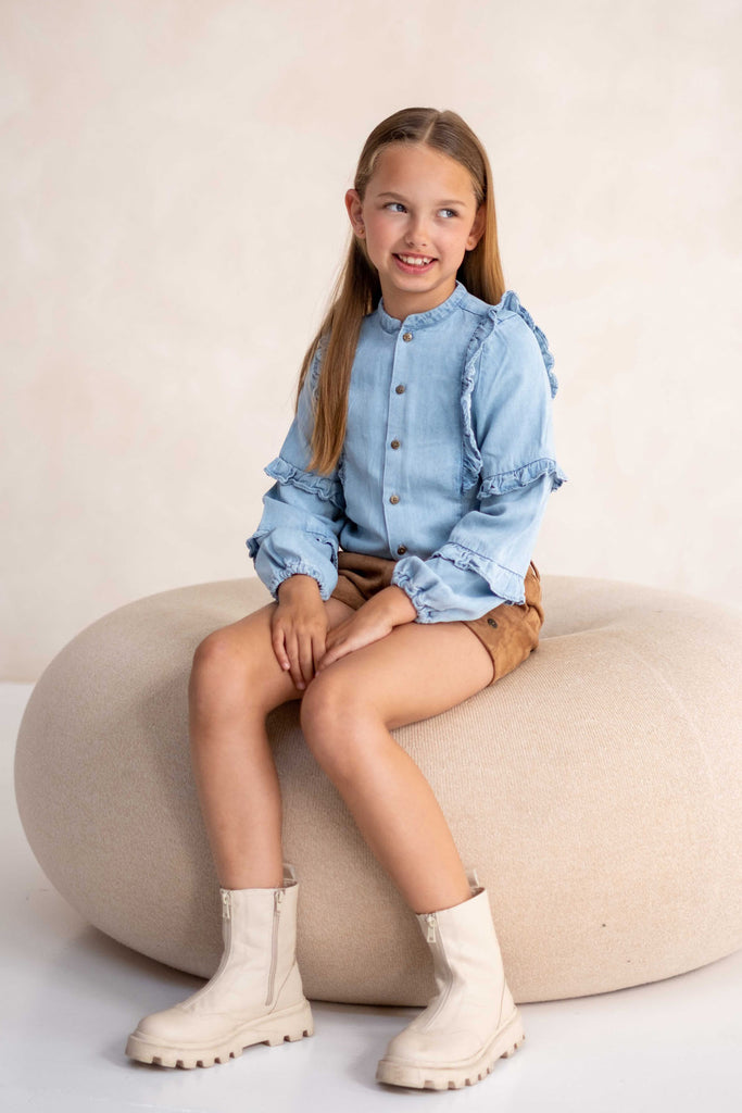 LikeFLO Girls Carlijn Flo Girls Chambray Blouse With Ruffles On Sleeves Lt Denim - LikeFlo