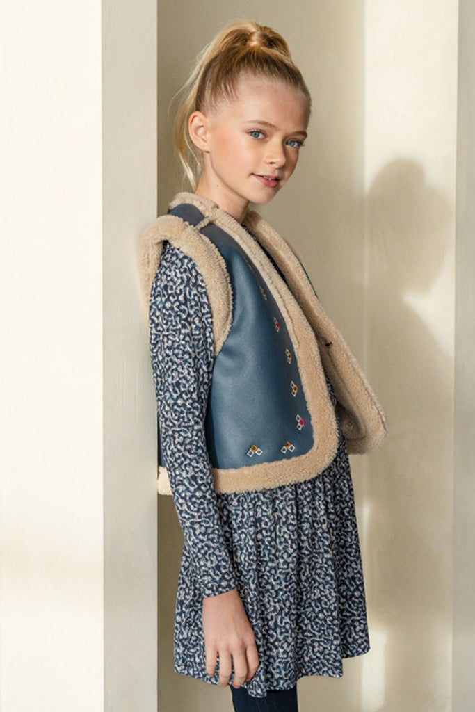 LikeFLO Girls Dewi Flo Teddy Gilet With Embroidery Indigo - LikeFlo