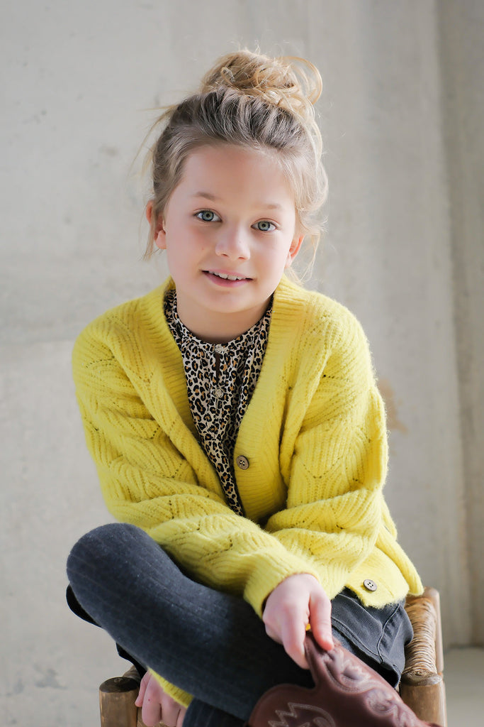 LikeFLO Girls Deau Flo Knitted Pattern Cardigan With Buttons Lemon - LikeFlo