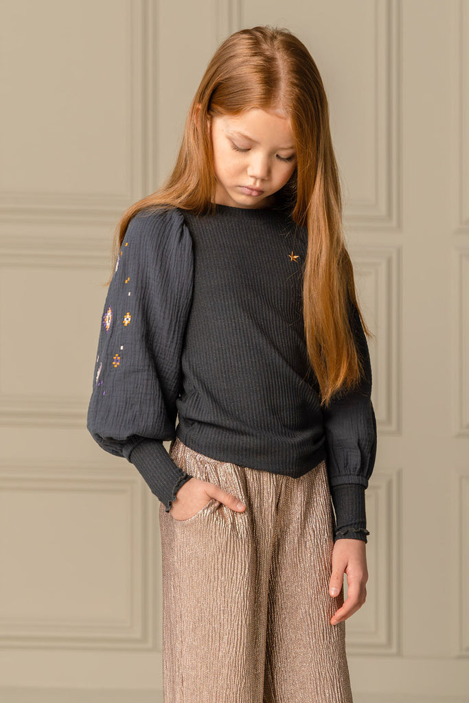 LikeFLO Girls Eloise Flo Girls Top With Rib Body, Mousseline Sleeves With Embroidery Antra - LikeFlo