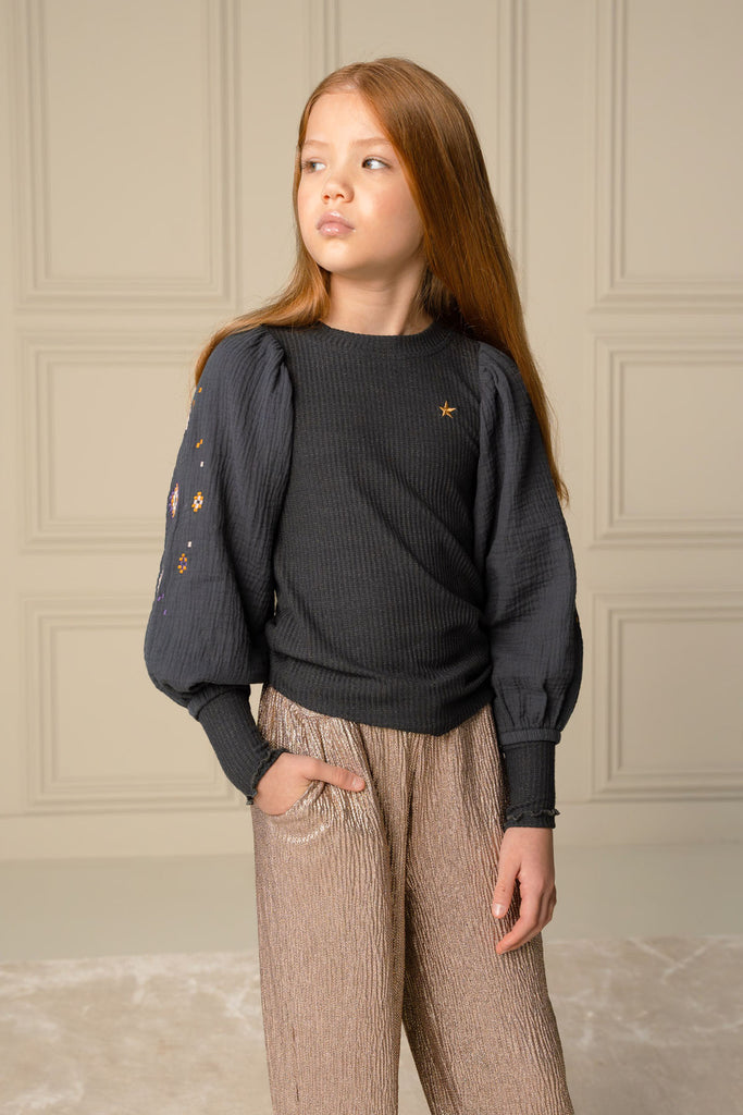 LikeFLO Girls Eloise Flo Girls Top With Rib Body, Mousseline Sleeves With Embroidery Antra - LikeFlo