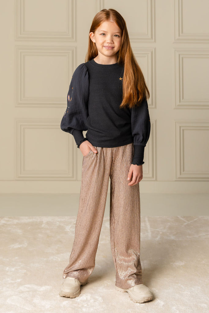 LikeFLO Girls Eloise Flo Girls Top With Rib Body, Mousseline Sleeves With Embroidery Antra - LikeFlo