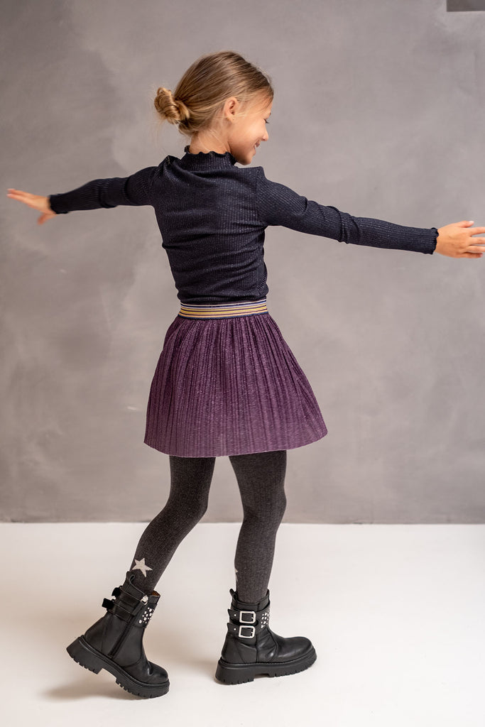 LikeFLO Girls Miley Flo Dress With Rib Coll And Skirt With Plissé Glitter Fabric Grape - LikeFlo