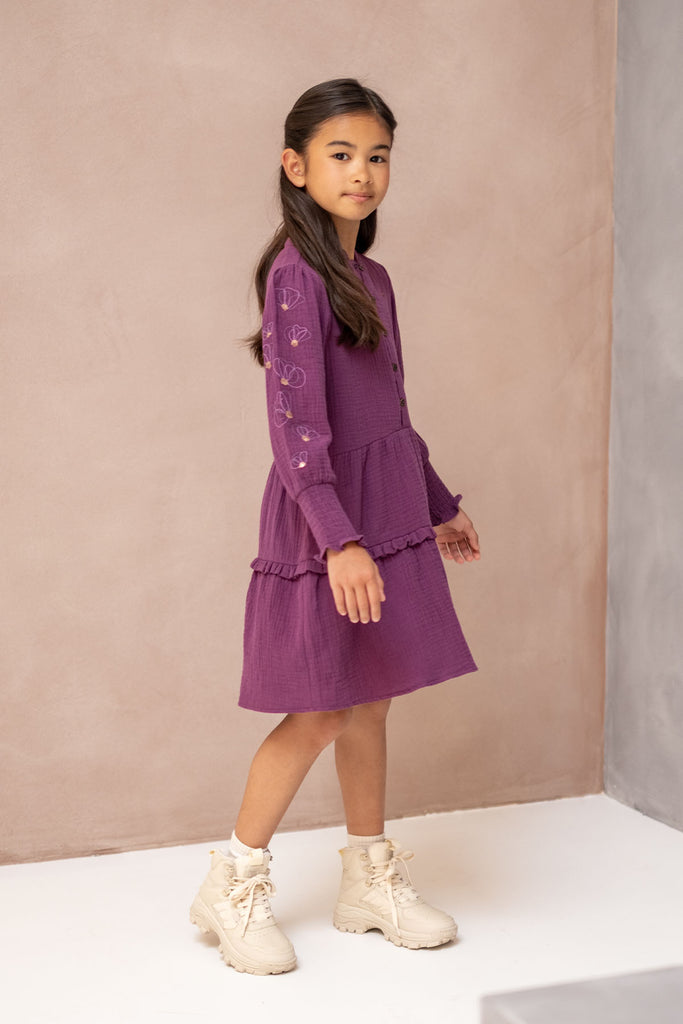 LikeFLO Girls Mila Flo Mousseefe Dress With Embroidery Sleeves Grape - LikeFlo