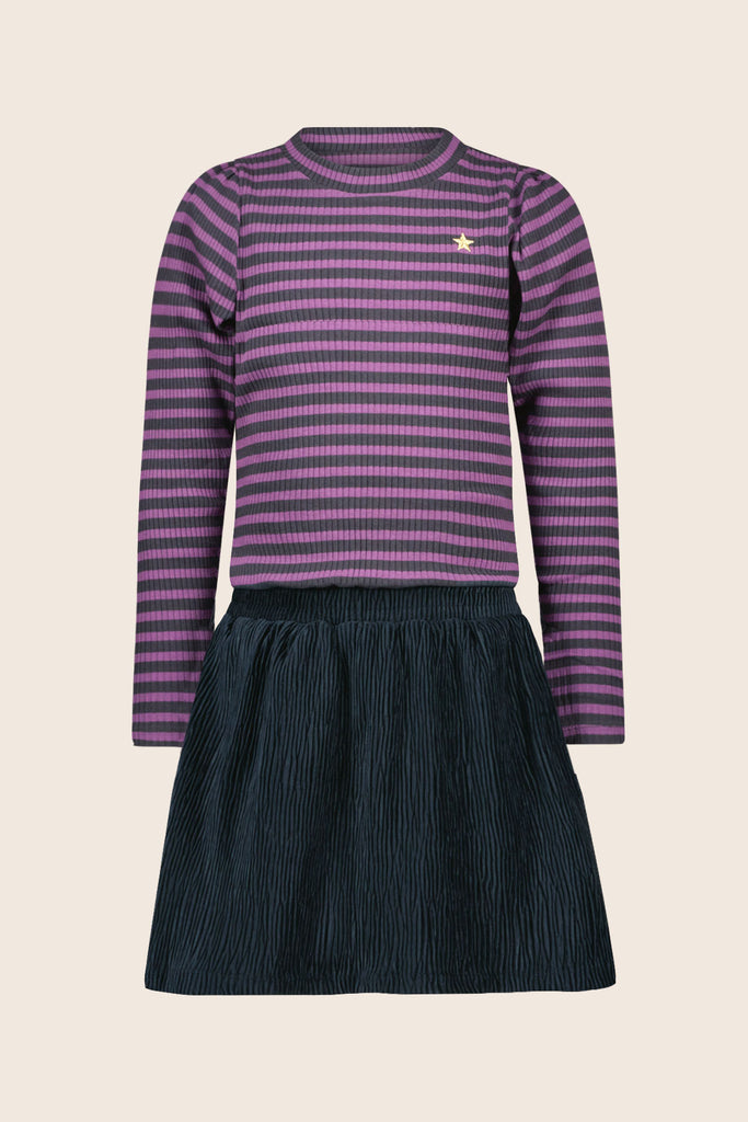 LikeFLO Girls Mel Flo Girls Dress With Rib Striped Top And Irregular Skirt Stripe Lavendel/Grey - LikeFlo